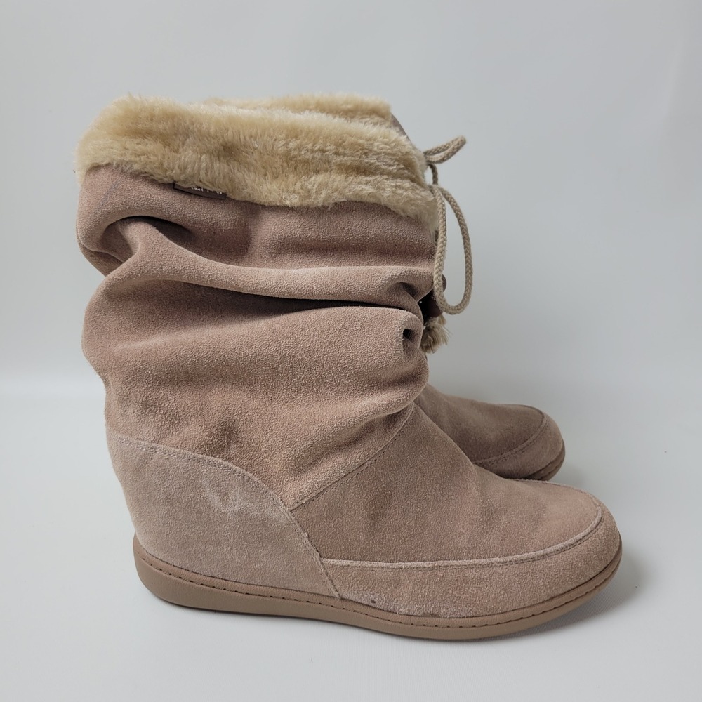 Skechers SKCH+3 48034 Mushroom Suede Faux Fur Slouch Hidden Wedge Boots Womens 9